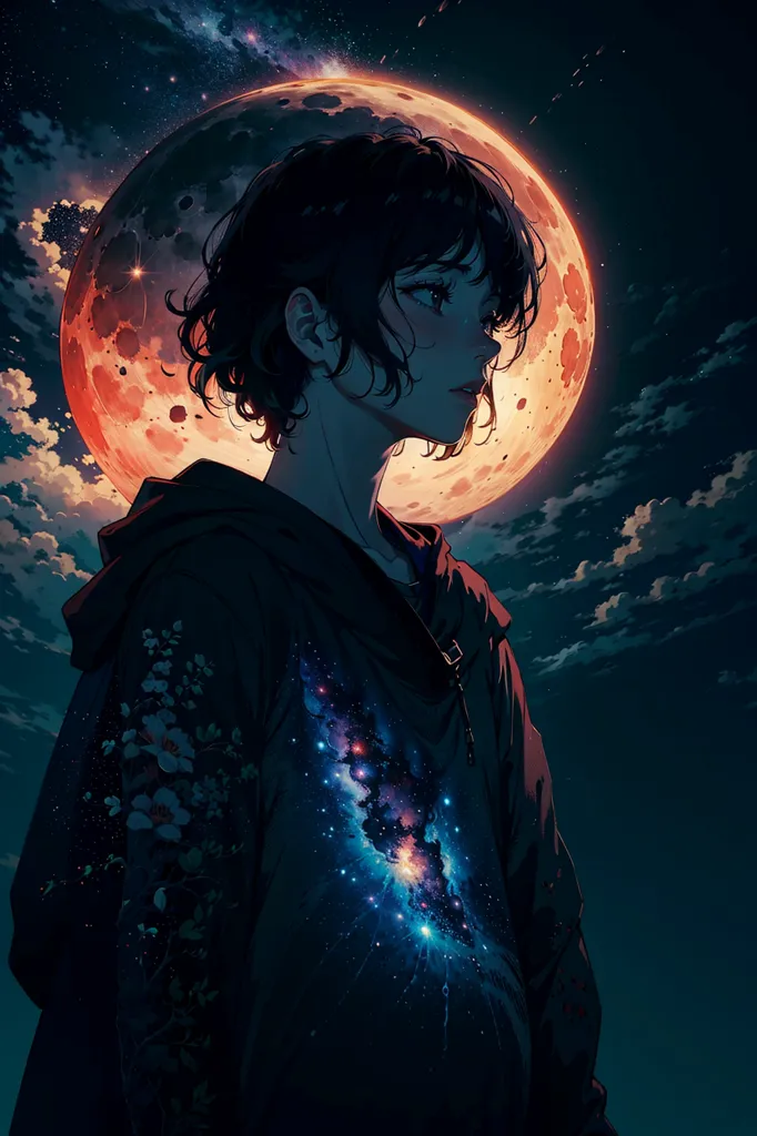 La imagen es de un hombre joven con el cabello corto y negro y ojos marrones. Lleva una sudadera negra con un estampado floral y un estampado de galaxia en el interior. La luna es grande y roja, y hay nubes en el fondo. El hombre mira hacia abajo al suelo con una expresión triste en su rostro.