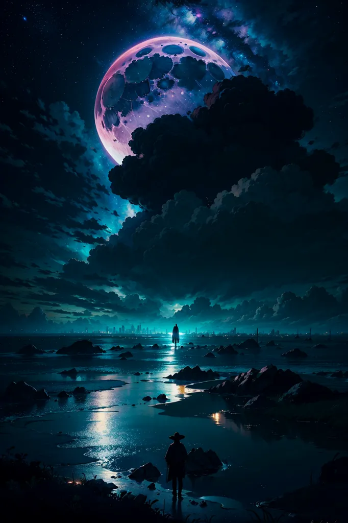 L'image représente une nuit sombre et orageuse. La mer est agitée et houleuse, et les vagues s'écrasent sur la rive. Au loin, une grande ville est illuminée par les lumières de ses bâtiments. La lune est pleine et brillante, et elle se reflète sur l'eau. Une silhouette solitaire se tient sur la rive, regardant la mer. La silhouette porte un long manteau et un chapeau, et elle tient une lanterne.