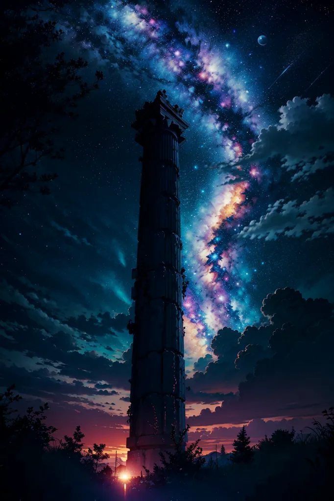 The image is a digital painting of a ruined tower. The tower is made of gray stone and is covered in vines. The night sky is filled with stars and a comet. The tower is in a forest and there are trees in the foreground. The painting is in a realistic style and the colors are vibrant. The image is both beautiful and mysterious.