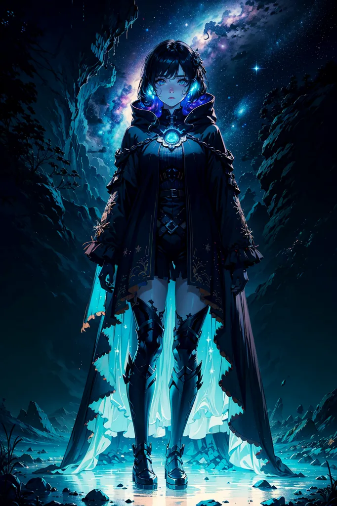 The image is of a young woman standing in a dark, rocky place. She is wearing a black and blue outfit and a blue cape. The woman has short blue hair and blue eyes, and she is looking at the viewer with a serious expression. There are stars and a blue mist in the background.