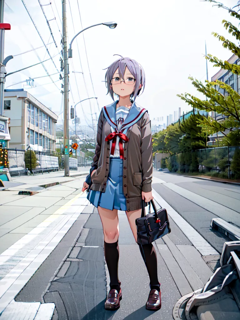 This is an image of a young girl, with gray hair and purple eyes, wearing a school uniform, consisting of a gray cardigan sweater with a red ribbon, a white blouse, and a blue skirt. She is also wearing black socks and brown shoes. She is carrying a black bag and is standing on a city street with trees and buildings in the background.