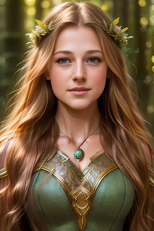 This image shows a beautiful woman with long, wavy blonde hair. She is wearing a green dress with gold trim and a gold necklace with a green gem in the center. She has a circlet of green leaves in her hair. The background is a blur of green leaves.