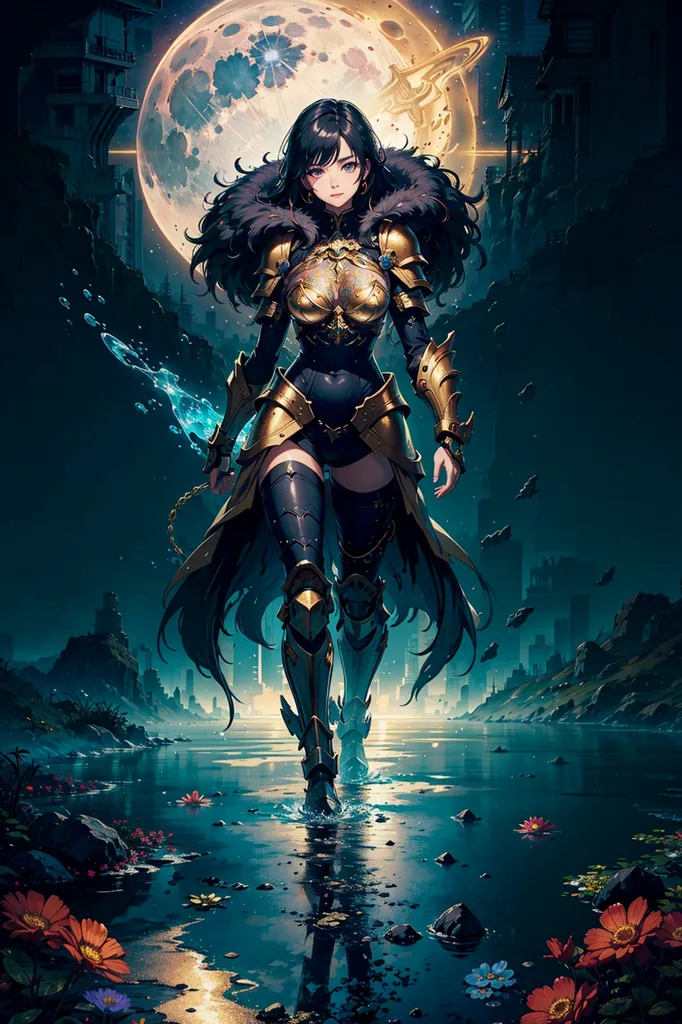 The image is of a woman in a suit of golden armor. She has long black hair and blue eyes. She is standing in a body of water, and there is a full moon in the background. The woman is holding a sword in her right hand. She is wearing a revealing outfit made of black and gold material. The outfit consists of a breastplate, a skirt, and a pair of boots. She is also wearing a pair of gloves. The woman is standing in a confident pose, and she looks like she is ready for battle.