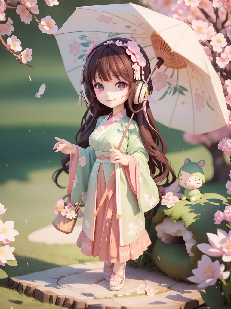 The image is a depiction of a young girl in a kimono standing in a field of cherry blossoms. The girl has long brown hair and is wearing a pink and green kimono with floral patterns. She is holding a white umbrella and there is a small rabbit on her right. The girl is smiling and there are cherry blossoms in her hair and on the ground around her. The background is a blur of green and pink, with a few cherry blossoms visible.