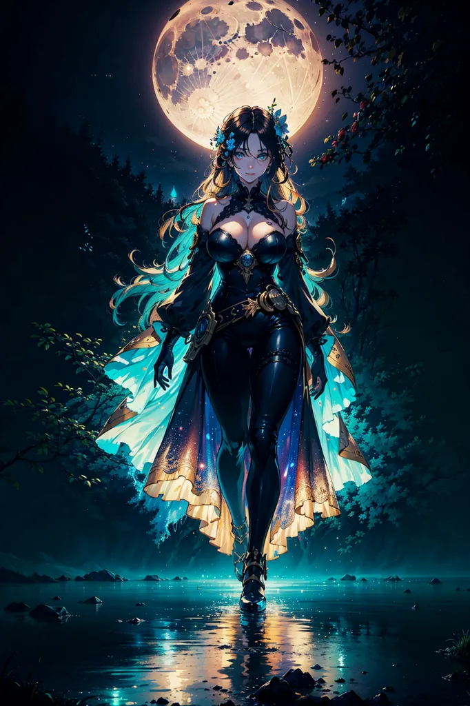 The picture shows a beautiful anime girl with long brown hair and blue eyes. She is wearing a black bodysuit with a blue cape. There are blue and gold details on her outfit. She is walking on a stone path in a forest. There is a full moon in the background. The moon is shining through the trees. The girl is looking at the moon.