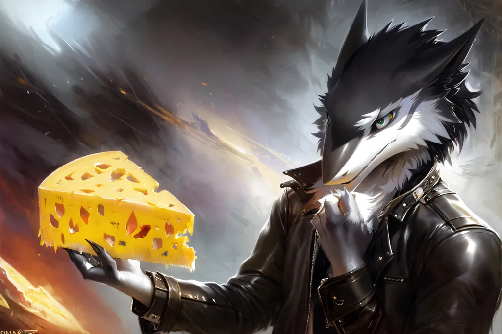 A muscular, anthropomorphic, wolf-like creature is holding up a wedge of cheese. The creature is wearing a black leather jacket and has a determined expression on its face. The background is dark and stormy.