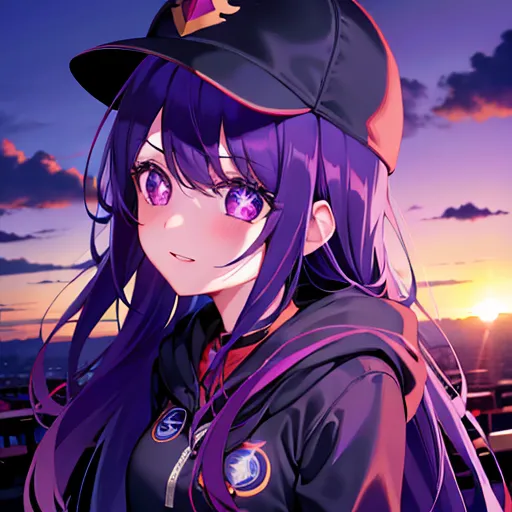 The image is a portrait of a young woman with purple hair and eyes. She is wearing a black cap and a purple jacket. The background is a sunset sky with clouds. The woman is smiling and looking at the viewer.