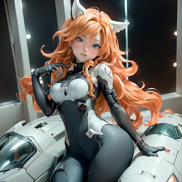 La imagen es una pintura de una hermosa chica de anime con el cabello naranja largo y orejas de gato. Ella está usando un traje de cuerpo blanco y negro y está sentada en una motocicleta futurista. La chica tiene una expresión confiada en su rostro y está mirando al espectador. La pintura está hecha en un estilo realista y los colores son vibrantes y realistas.