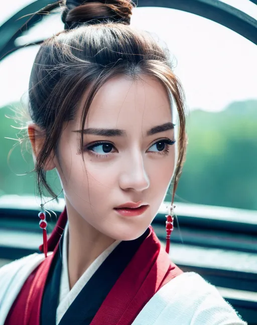 The picture shows a young woman in a red and white costume. She has long dark hair tied up in a bun. The woman's face is turned slightly to the right and her eyes are looking down. Her expression is serious and thoughtful. She is wearing red earrings and has a red ribbon in her hair.