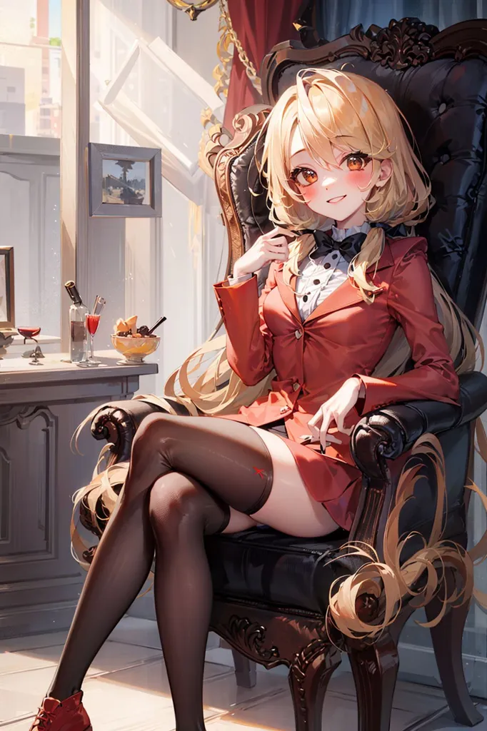 The image shows a young woman with long blonde hair and orange eyes. She is wearing a red suit jacket, a white dress shirt, and a black bow tie. She is sitting in a large brown leather chair with her legs crossed and one hand resting on her knee while the other hand is holding the collar of her jacket. There is a table to her right with two wine glasses, a bottle of wine, and some snacks on it. There is a painting on the wall behind her.