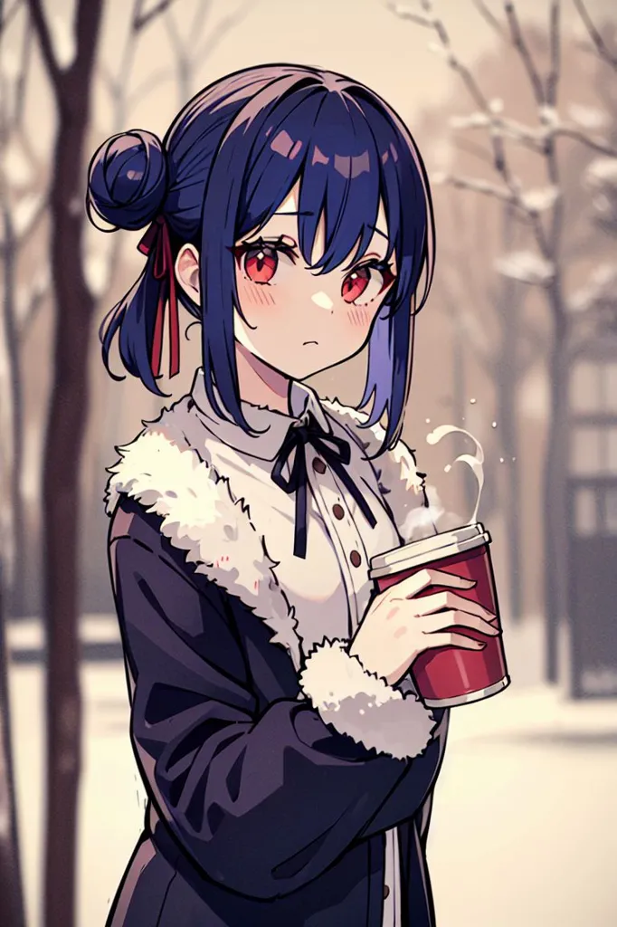 The image is of a young woman with blue hair and red eyes. She is wearing a black coat with a white fur collar and a white blouse with a black bow. She is holding a red coffee cup in her right hand. She has a shy expression on her face and is looking to the left. The background is a blurred winter landscape with trees and snow.