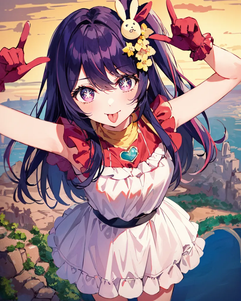 The image is an anime-style illustration of a girl with long purple hair and purple eyes. She is wearing a white dress with a red sash and a yellow bow in her hair. She is standing on a cliff with her arms in the air and her tongue sticking out. The background is a sunset over the ocean.