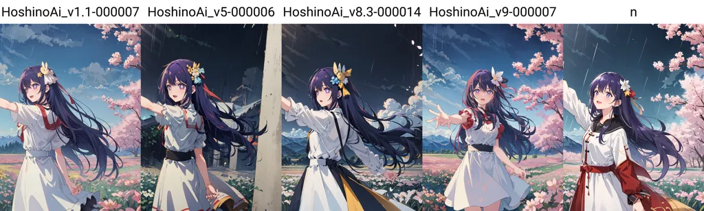 The image shows a grid of 5 different images. They all depict the same scene, a young woman standing in a field of flowers, reaching out with her hand. The background is a mountain range, and the sky is blue with clouds. The woman is wearing a white dress with a purple sash, and she has long purple hair. The images are all rendered in a realistic style, and the woman is depicted in a variety of poses.