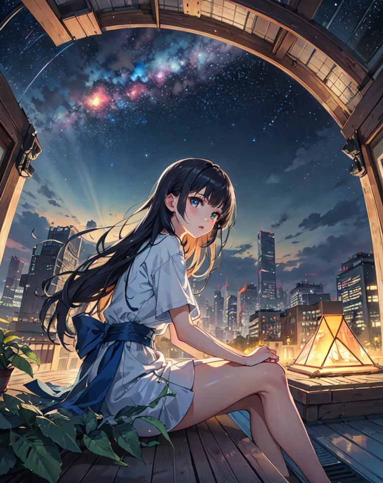 The image is of a young woman sitting on a rooftop at night. She is looking out at the city lights. The woman is wearing a white dress with a blue ribbon. She has long black hair and blue eyes. The city is in the background and is lit up by the lights of the buildings. The sky is dark and there are stars and a crescent moon. The image is peaceful and serene.