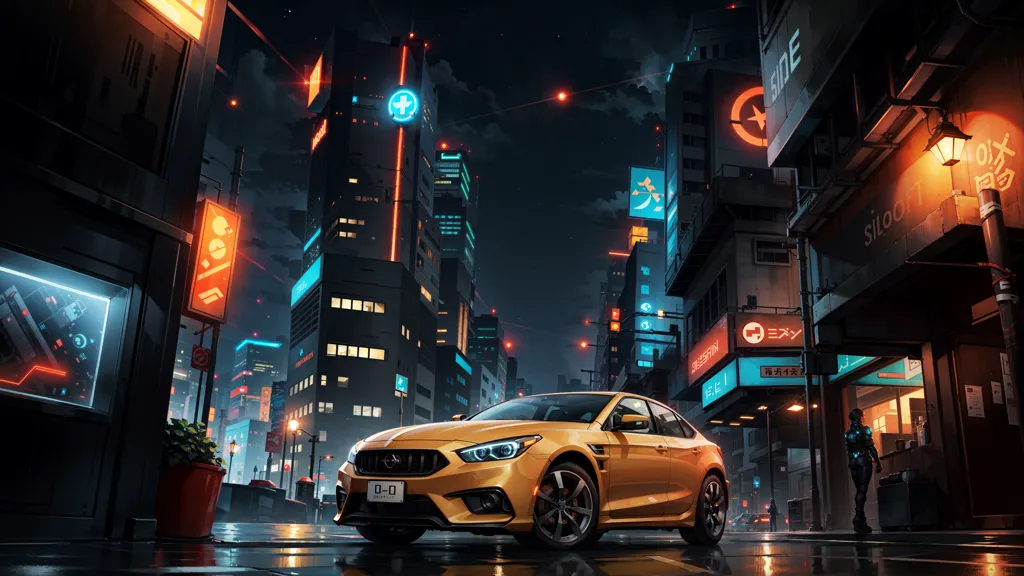 The image is a night scene of a city street in the future. The street is wet from the rain and is lit by the bright lights of the city. There are tall buildings on either side of the street and a variety of vehicles parked on the side of the road. A yellow sports car is parked in the foreground. There are people walking on the street in the background. The image is full of color and detail and depicts a futuristic city that is both exciting and dangerous.