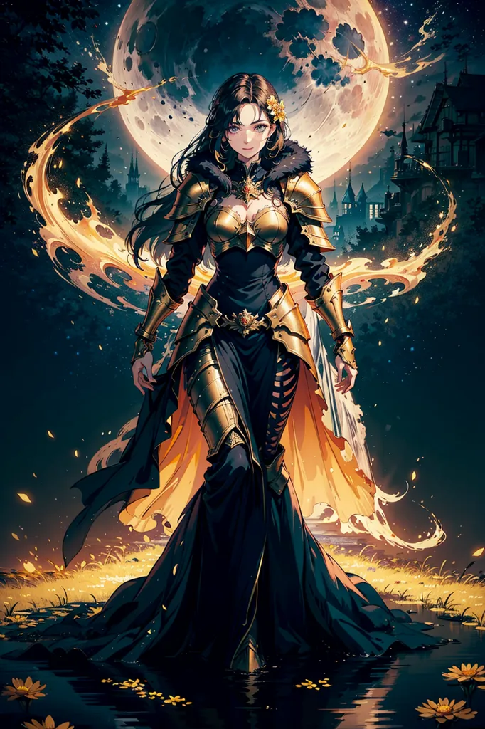 This is an image of a beautiful woman with long, flowing brown hair. She is wearing a suit of golden armor and a black dress. She is standing in a forest, with a large moon in the background. The moon is surrounded by a dark blue sky and there are some trees in the background. She is holding a sword in her right hand and a shield in her left hand. She has a serious expression on her face and looks like she is ready for battle.