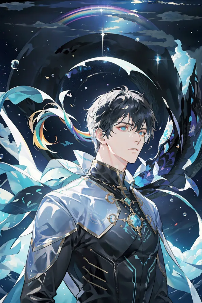 The image is of a young man with short black hair and blue eyes. He is wearing a white and blue outfit with a black cape. He has a sword in his right hand and is standing in a dark blue void with a rainbow-colored portal in the background.