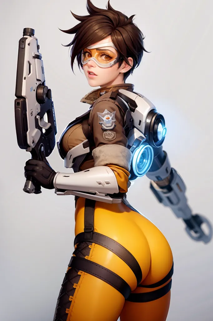 The image is of a young woman with brown hair and orange eyes. She is wearing a yellow and white bodysuit and a brown jacket. She is also wearing a pair of goggles and has a gun in her hand. She has a tattoo on her right arm. The background is white and there is a light on the left side of the image. The woman is standing in a confident pose and looks like she is ready to fight.