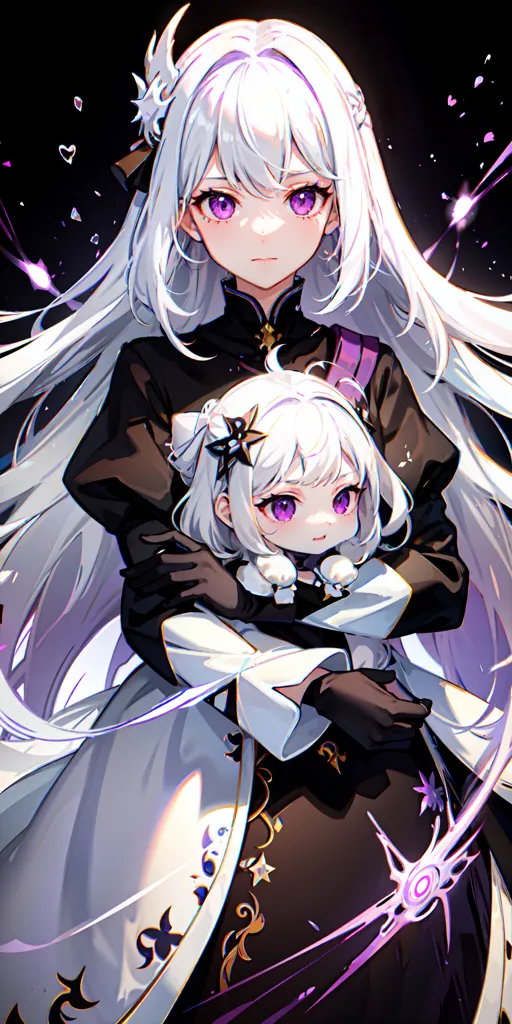 The image is of two anime girls with white hair and purple eyes. The girl on the left is taller and has a more mature expression on her face, while the girl on the right is shorter and has a more innocent expression on her face. They are both wearing black and white dresses with purple accents. The girl on the left is holding the girl on the right in her arms. There is a dark purple background with white and purple sparkles.