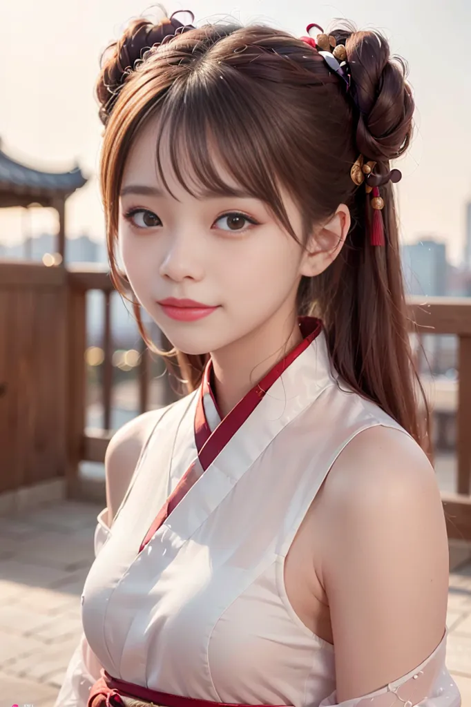 The image shows a young woman with long brown hair and brown eyes. She is wearing a white sleeveless kimono with a red sash. Her hair is styled in two buns on top of her head and decorated with red and gold hair accessories. She is standing on a wooden balcony and smiling at the camera. The background is blurred, but it looks like there is a traditional Chinese building in the distance.