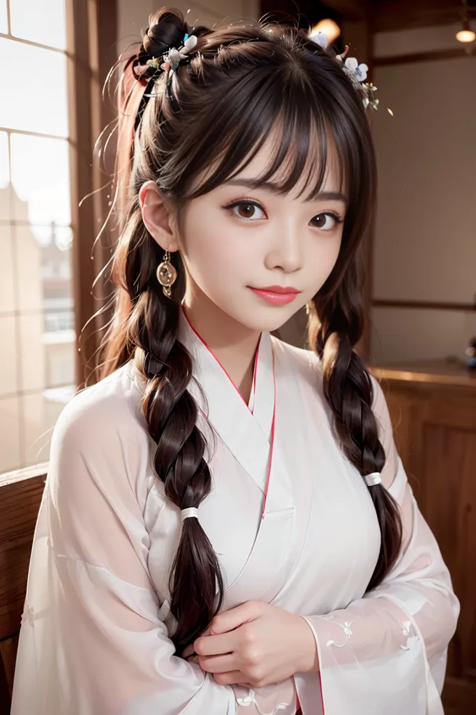 The image shows a young woman with long black hair, brown eyes, and a fair complexion. She is wearing a white kimono with a red obi sash. Her hair is styled in two braids, and she is wearing a number of hair accessories. She is sitting in a seiza position on a tatami mat. The background is a blurred image of a traditional Japanese room.