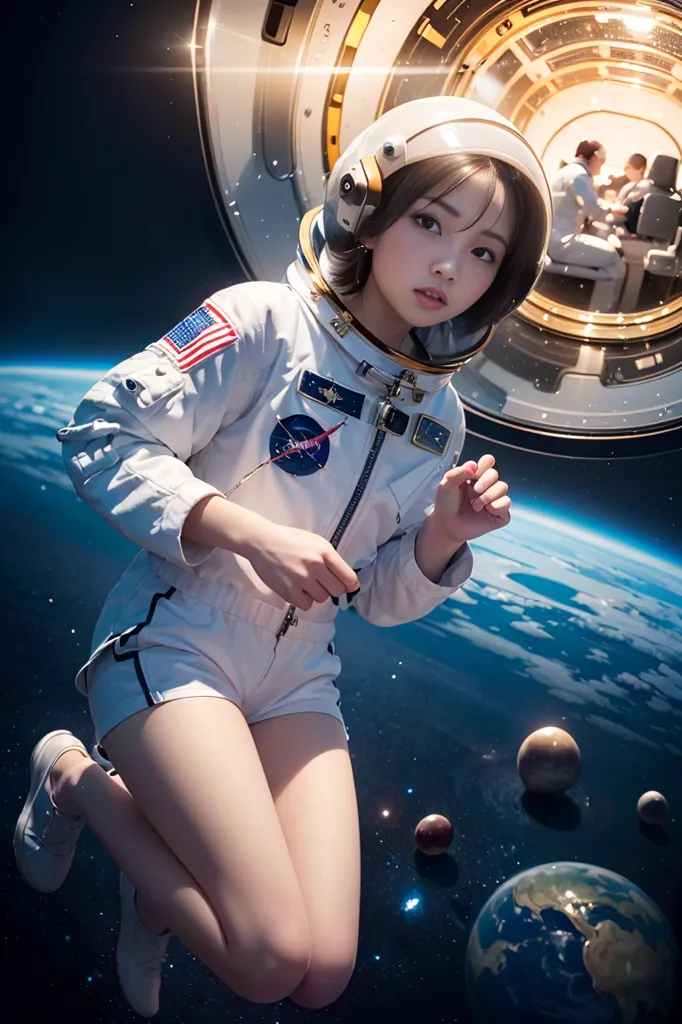 Ceci est une image d'une jeune fille dans une combinaison spatiale avec son casque. Elle flotte dans l'espace avec la Terre et d'autres planètes en arrière-plan. Elle porte une combinaison spatiale blanche avec le drapeau américain sur son épaule et le patch de la NASA sur son bras. Elle a les cheveux bruns et les yeux bruns. Elle regarde l'objectif.