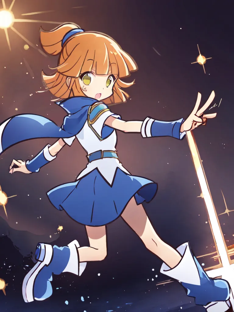 L'image représente une fille de style anime aux cheveux orange et aux yeux bleus. Elle porte une tenue bleue et blanche et a une expression déterminée sur le visage. Elle semble être dans une séquence de transformation de magical girl, car elle est entourée de paillettes et a une pose de magical girl. L'arrière-plan est de couleur bleu foncé avec quelques paillettes de couleur claire.