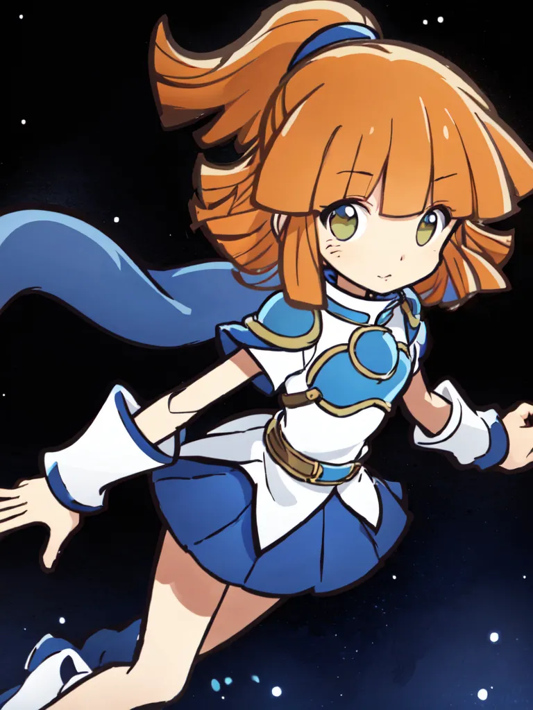 This is an image of a young girl with orange hair and green eyes. She is wearing a blue and white outfit with a yellow belt. She is also wearing a blue cape. She is floating in the air and has a determined expression on her face. There are stars in the background.