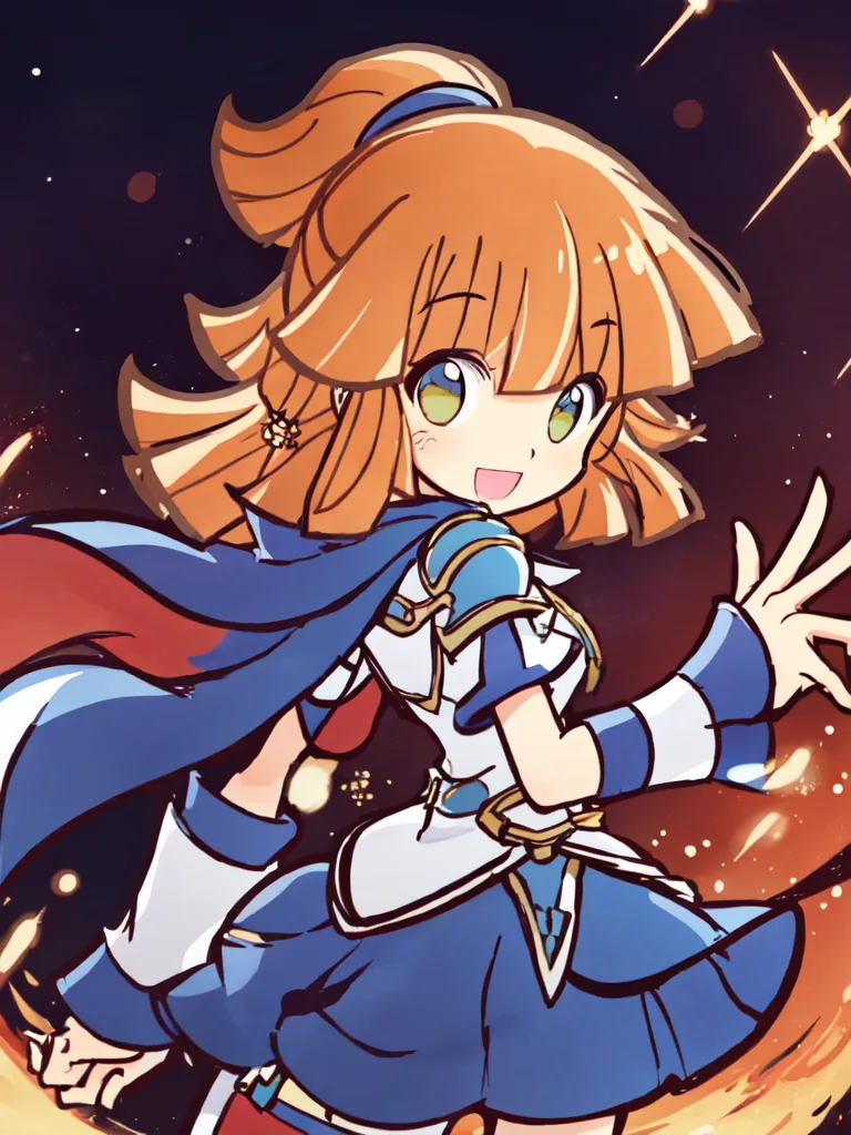 This is an image of a young girl with orange hair and green eyes. She is wearing a blue and white outfit with a red cape. She has a flower in her hair and is smiling. There are flames on either side of her and stars in the background.