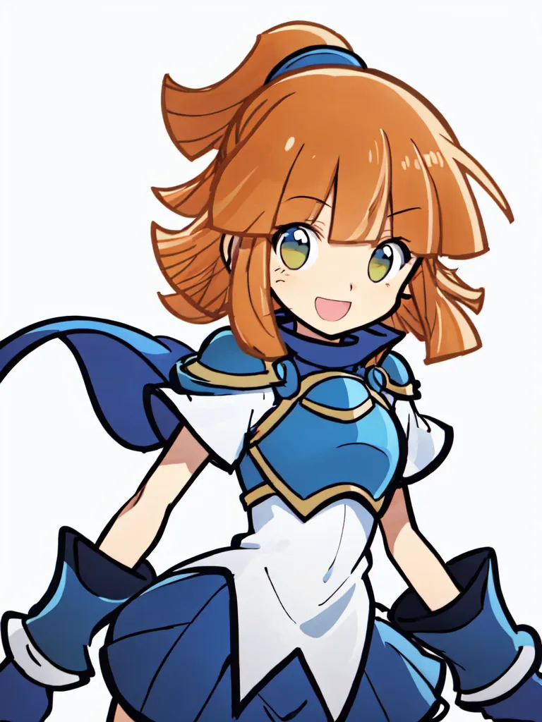 This is an image of a young girl with orange hair and green eyes. She is wearing a blue and white outfit that looks like armor. She has a happy expression on her face and is looking at the viewer. The background is white.