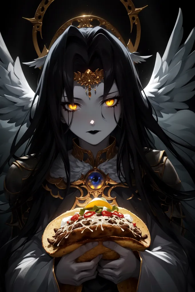 This image shows a dark-haired anime girl with yellow eyes and white and black wings. She is wearing a black and gold outfit and has a golden halo above her head. She is holding a taco in her hands. The background is dark with a spotlight shining down on her.