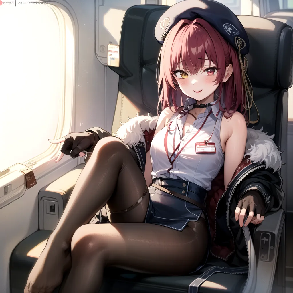 The image is an anime-style drawing of a young woman sitting in a chair. She has long red hair, purple eyes, and is wearing a white shirt, black vest, and gray skirt. She is also wearing a black beret with a red symbol on it. The woman is sitting with her legs crossed and has a confident smile on her face. She is pointing out the window with her right hand. The background of the image is a blurred airplane window.