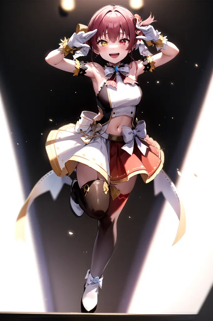 This is an image of a young woman with red and pink hair, fair skin, and yellow eyes. She is wearing a white and red outfit with a skirt, a corset, and a large red bow on her chest. She is also wearing white gloves and black boots. She is standing on a stage with a spotlight shining on her. She has a happy expression on her face and is looking at the viewer.