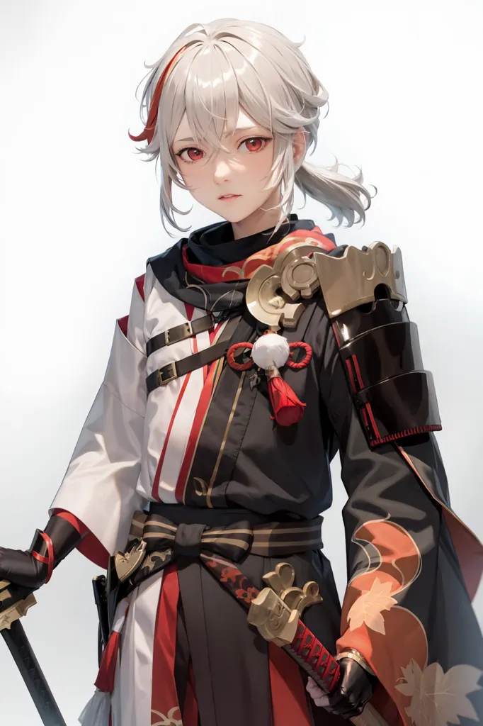 This is an image of a young boy with white hair and red eyes. He is wearing a white and red kimono with a black and gold shoulder pad. He is also wearing a sword on his left hip. He has a serious expression on his face. The background is white.