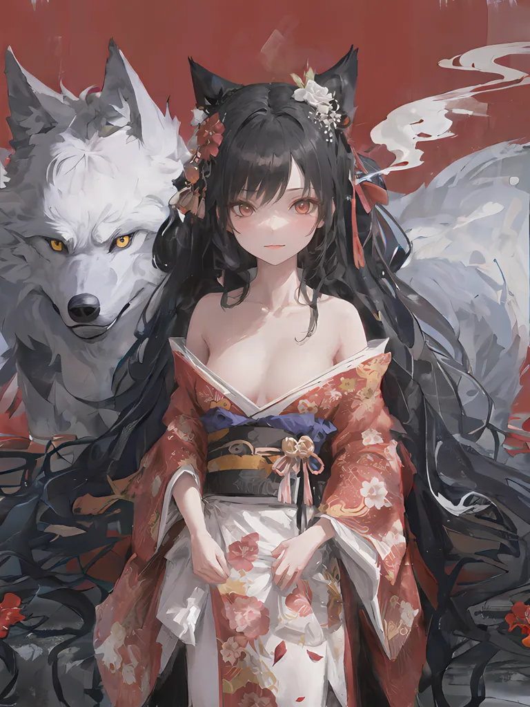 L'image est une peinture d'une jeune femme en kimono. Elle a de longs cheveux noirs et des yeux rouges. Elle se tient devant un loup blanc. Le loup a des yeux jaunes et regarde la femme. La femme porte un kimono rouge et blanc avec un motif floral. Elle porte également un obi blanc et un ruban rouge dans les cheveux. L'arrière-plan est un dégradé rouge avec des motifs de fumée blanche.