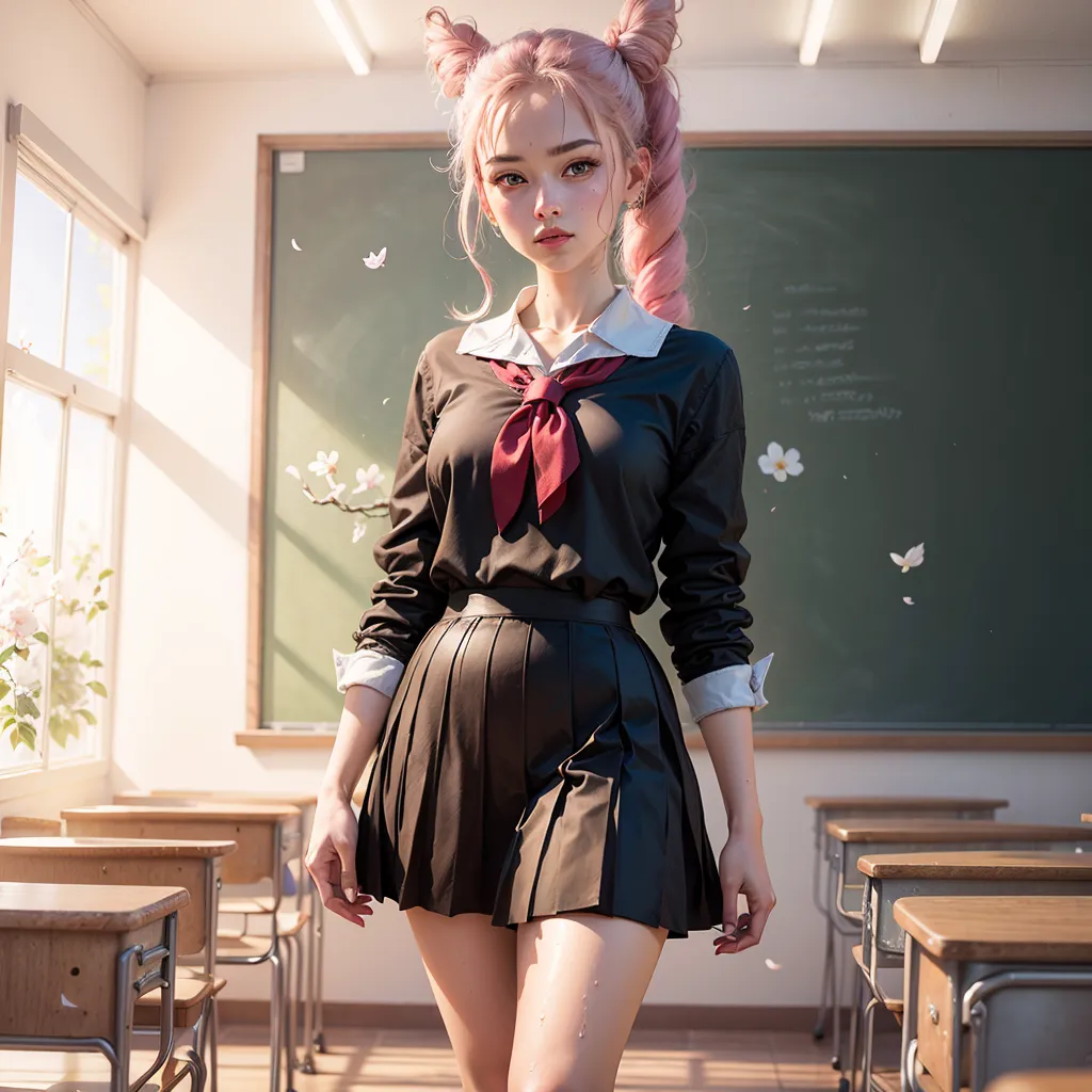 The image shows a young woman standing in a classroom. She is wearing a black pleated skirt, a white blouse, and a red bow tie. Her pink hair is tied up in two buns and she has pink eye shadow on. She is looking at the viewer with a serious expression. There are several empty desks in the classroom and a chalkboard in the background. The image is rendered in a realistic style and the lighting is soft and natural.