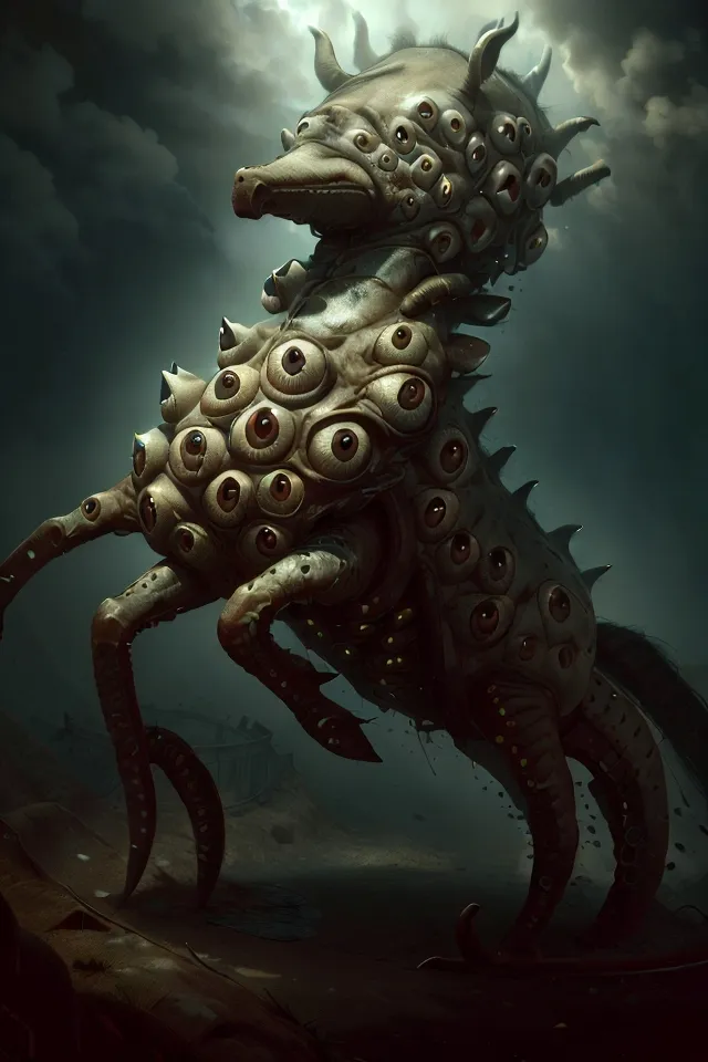 The image is a dark and creepy depiction of a horse-like creature. The creature is covered in eyes of various sizes and is standing on two long, spindly legs. The background is a dark, stormy sky. The creature's eyes are all open and staring in different directions, giving it a sense of unease and madness. The creature's body is covered in a thick, black mane, and its tail is long and barbed. The creature's legs are long and thin, and its feet are sharp and pointed. The creature's overall appearance is one of horror and dread, and it is clear that it is a creature of nightmare.