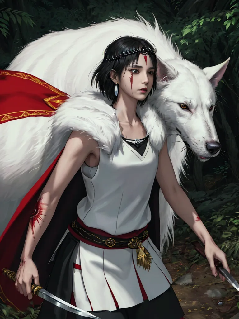 The image is of a young woman standing in a forest. She is wearing a white sleeveless dress with a red sash and a white cape with a red lining. She has a circlet on her head and two swords in her hands. She is standing next to a large white wolf with red eyes. The wolf has a red collar with a bell on it. The woman is looking at the wolf with a determined expression.