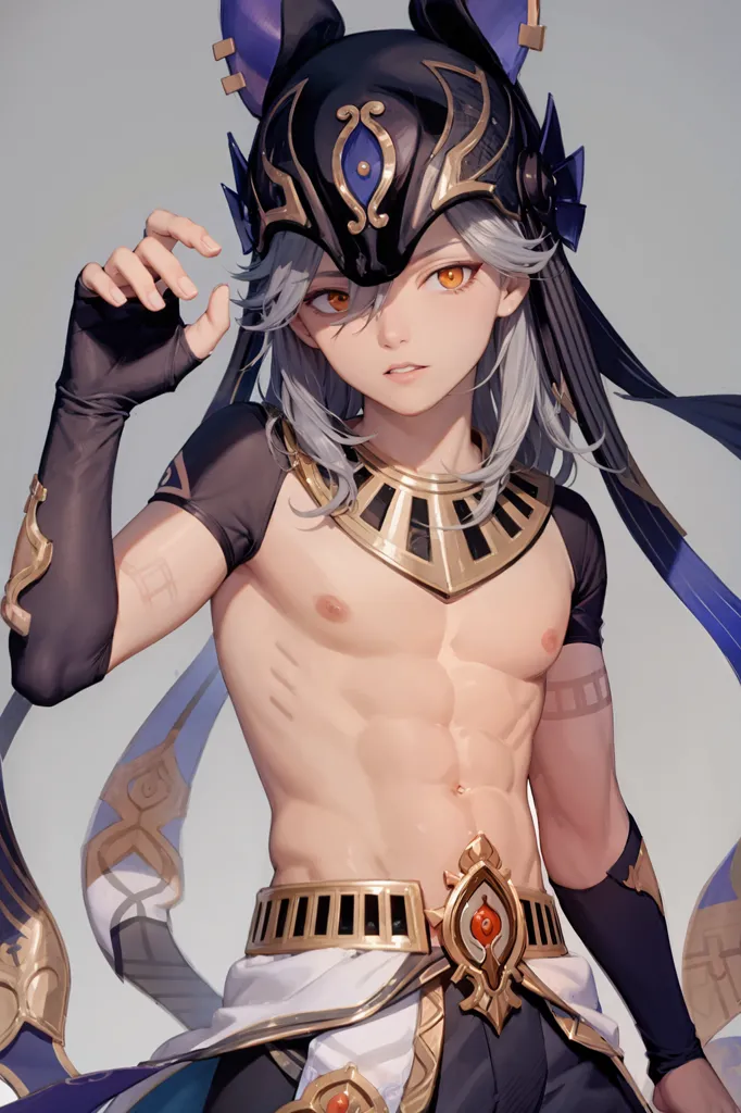 The image is of a shirtless young man with light skin and silver hair. He is wearing an elaborate headdress with a scarab on the front and a golden collar. He has brown eyes and a beauty mark under his left eye. He is wearing dark blue pants with a golden belt and has a golden anklet on his left leg. He is standing with his right hand raised and his left hand on his hip. He has a confident expression on his face.