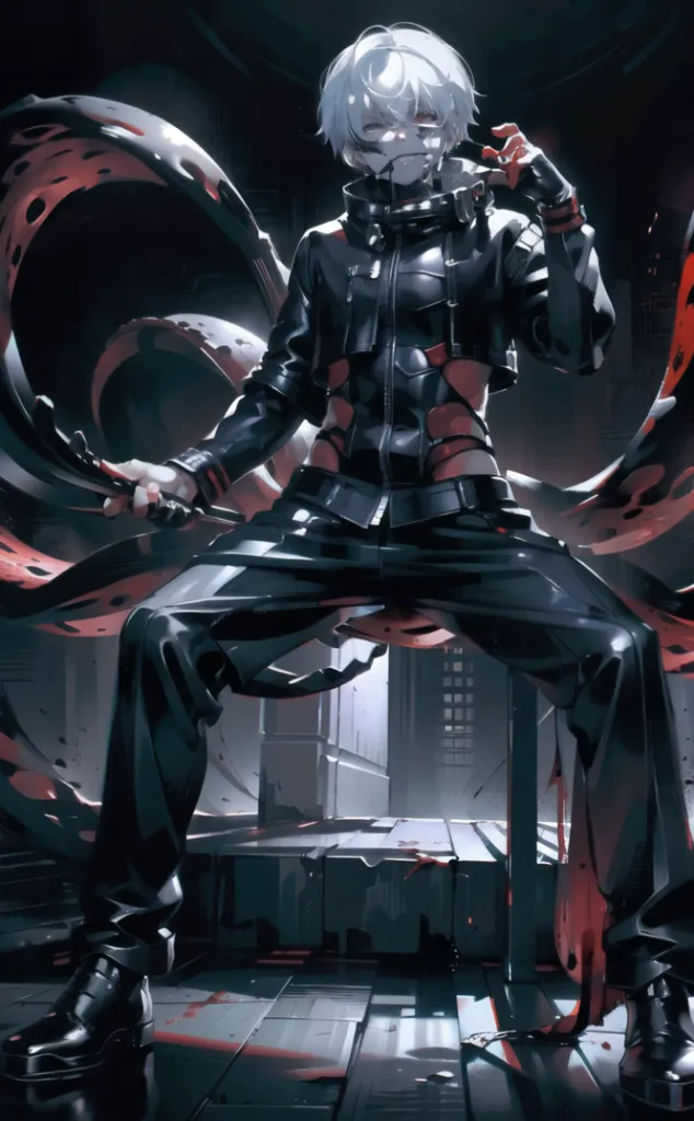 The image is of a man with white hair and red eyes. He is wearing a black leather jacket and pants. He is sitting on a box in a dark room. There are red and black tendrils coming from his back.