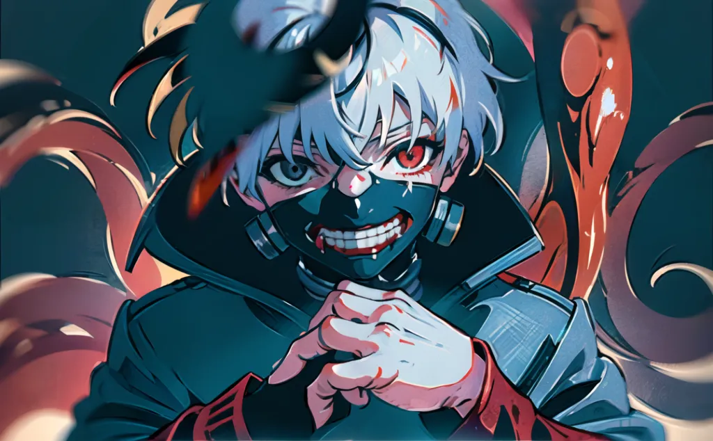 This is an illustration of a character from the anime series Tokyo Ghoul. The character, Ken Kaneki, is depicted wearing a black mask with a red X over the right eye and a white coat. His hair is white and his eyes are red. He has a determined expression on his face. The background is dark and there are red and blue flames on either side of him.