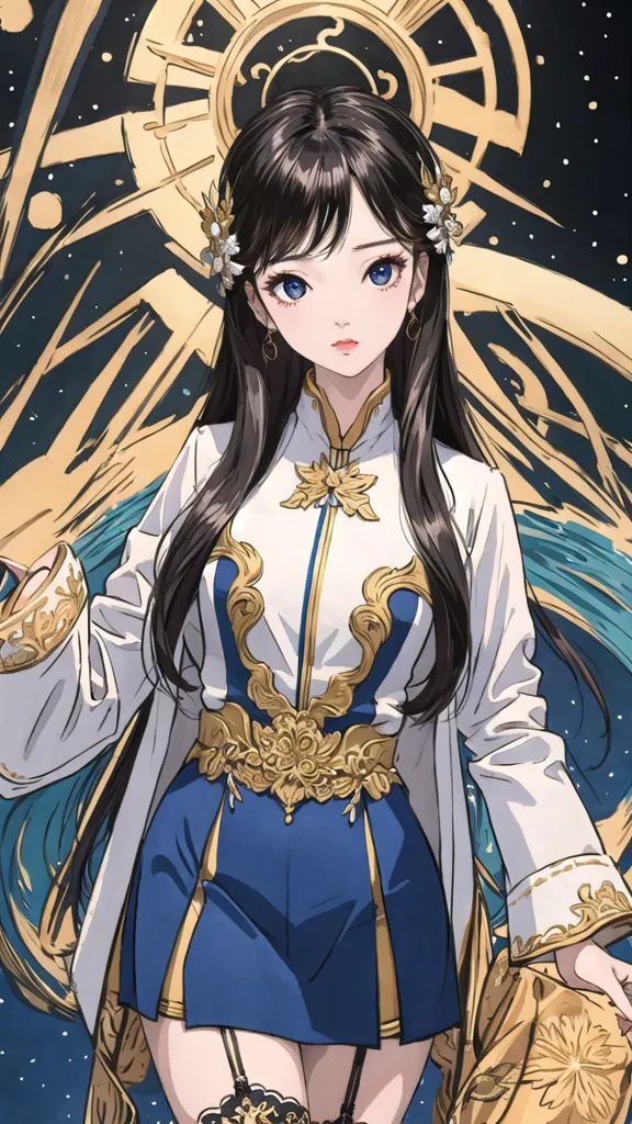 The image is a portrait of a young woman with long black hair and blue eyes. She is wearing a white and blue cheongsam-style dress with gold trim and white stockings. There are white and gold flowers in her hair. She is standing in front of a dark blue background with a golden halo behind her head.