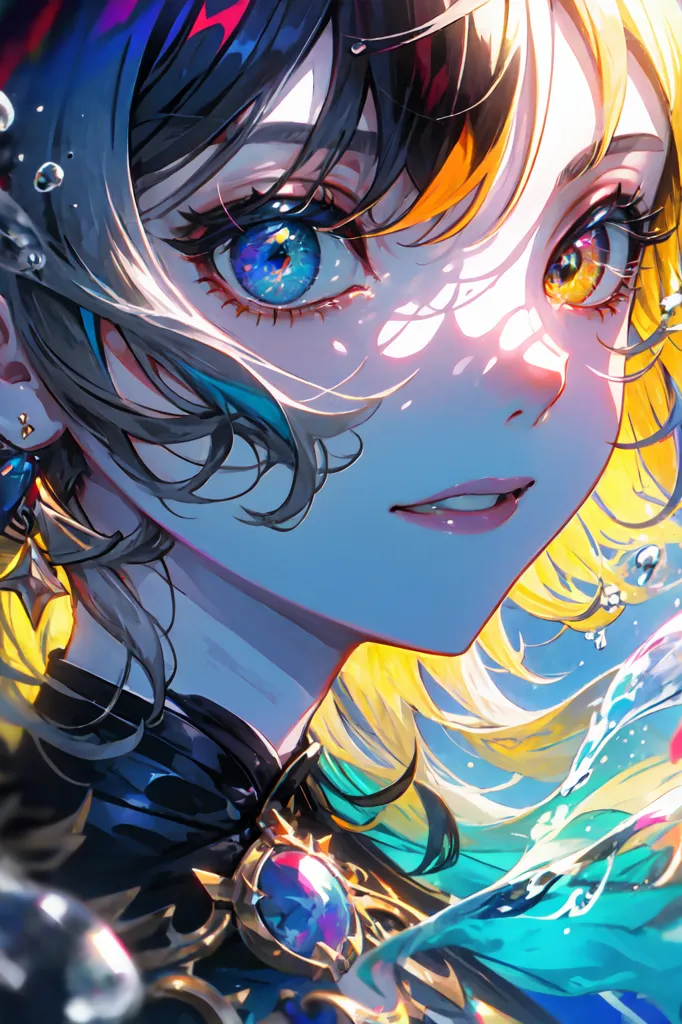 La imagen muestra a una hermosa chica de anime con el cabello largo y ondulado que es un degradado de azul y amarillo. Sus ojos también son azules y amarillos. Lleva un atuendo negro y dorado. Tiene una sonrisa suave en su rostro. Hay pequeñas gotas de agua a su alrededor.