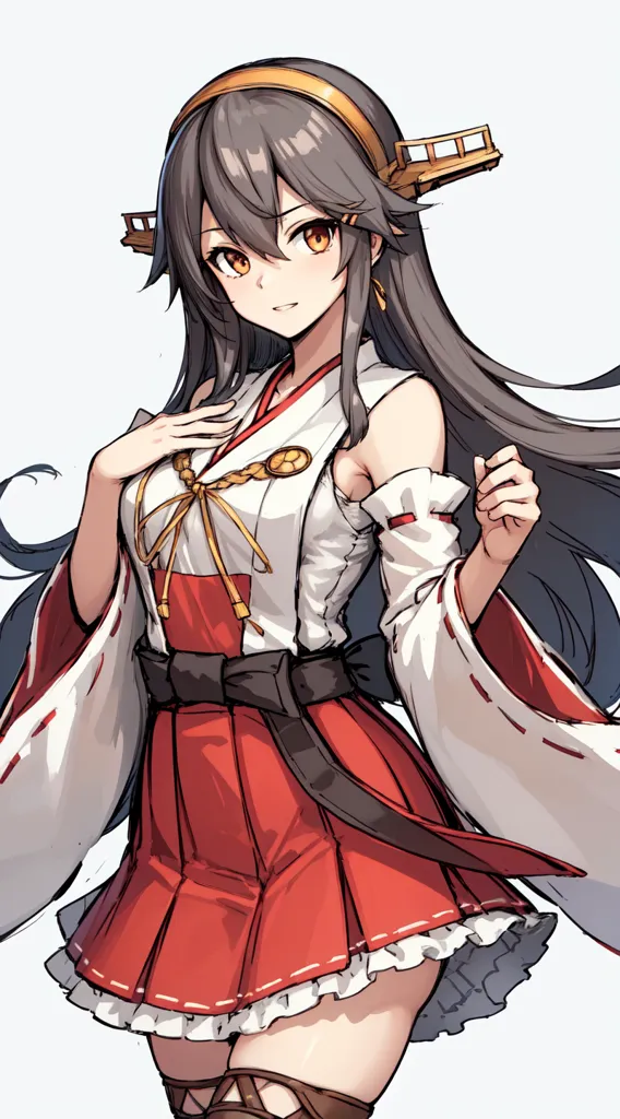 The image shows a young woman with long brown hair and orange eyes. She is wearing a red and white kimono with a white obi and a red skirt. She is also wearing a pair of white socks and brown sandals. She has a gentle smile on her face and is looking at the viewer.