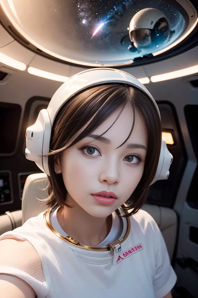 This is an image of a young girl in a spacesuit with her helmet off. She has short brown hair and brown eyes. She is looking at the camera with a serious expression. She is wearing a white spacesuit with a clear bubble helmet. There is a spaceship window behind her showing a view of outer space.