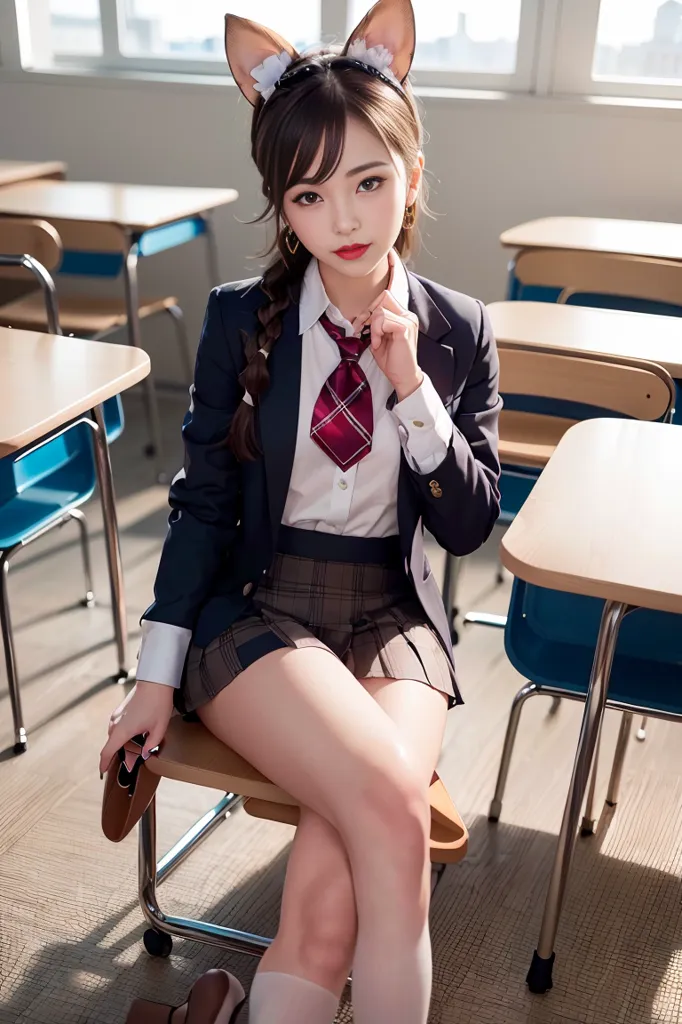 The image shows a young woman sitting on a chair in a classroom. She is wearing a school uniform consisting of a white shirt, a gray blazer, and a plaid skirt. She also has a red tie and a pair of cat ears on her head. The woman has long brown hair and brown eyes. She is looking at the camera with a slightly shy expression. The classroom is empty, except for the chairs and desks. The walls are white and the floor is brown.