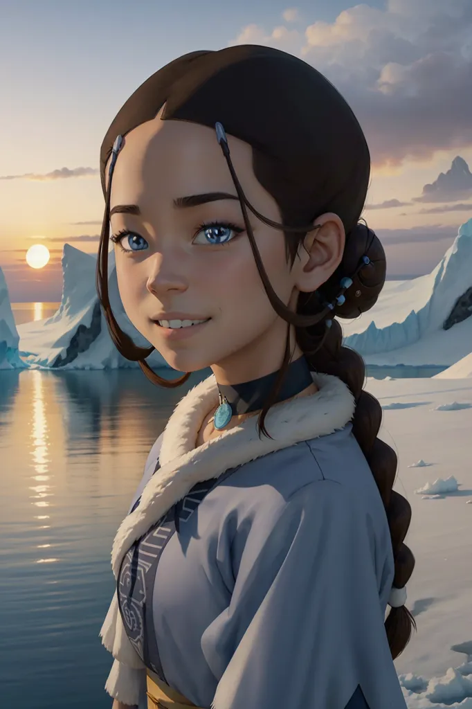 This is an image of a young woman with long brown hair and blue eyes. She is wearing a blue and white outfit with a fur collar. She is standing in a snowy landscape with a large body of water in the background. The sun is setting and the sky is a bright orange. The woman is smiling and looking at the viewer.