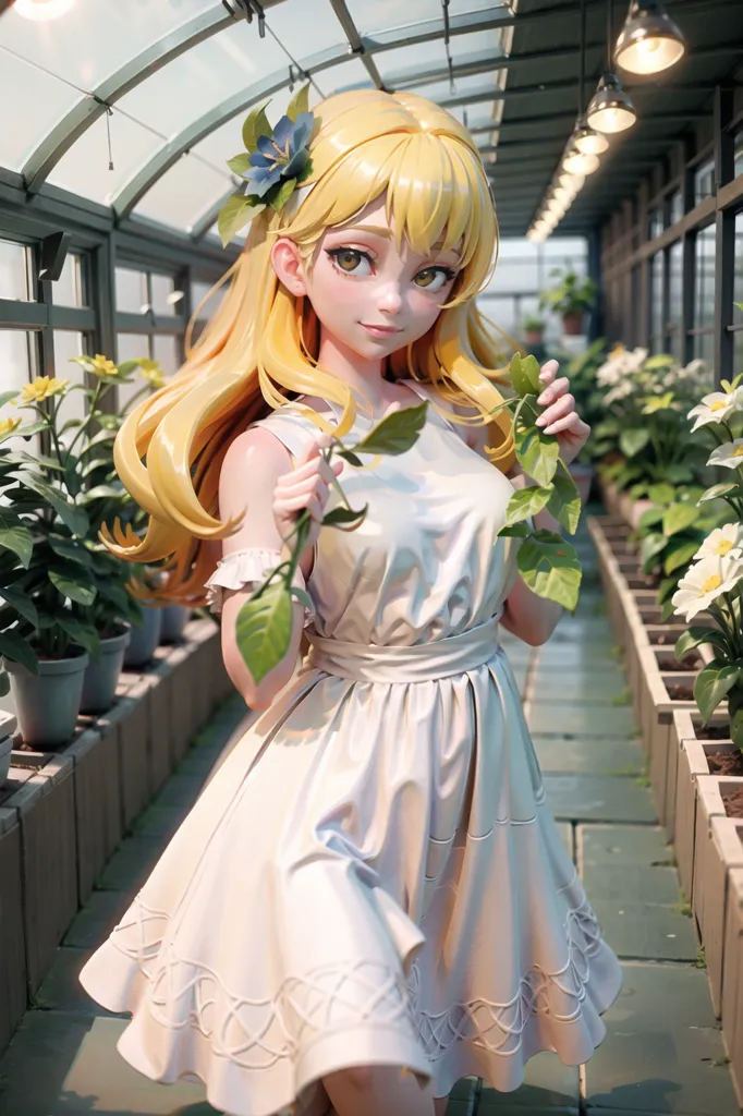 A imagem é uma renderização 3D de uma jovem mulher em pé em uma estufa. Ela está usando um vestido branco e tem cabelos loiros longos. Há flores e plantas ao seu redor. O fundo é um borrão de verde e branco. A imagem é muito realista e com aparência de vida real.