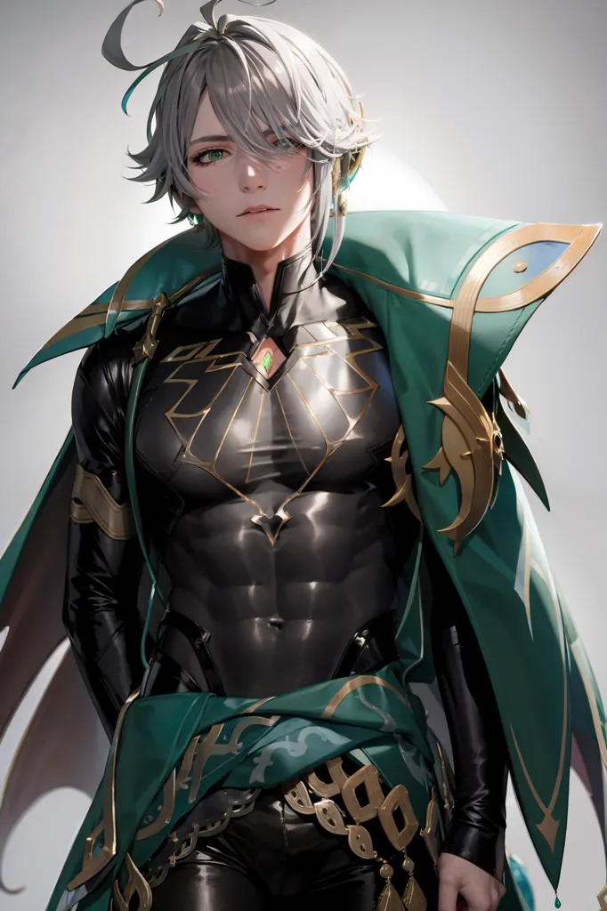 The image is of a man with silver hair and green eyes. He is wearing a black and green outfit with gold accents. The outfit is made of a tight-fitting material and has a high collar. The man is also wearing a green cape with gold trim. He has a serious expression on his face.