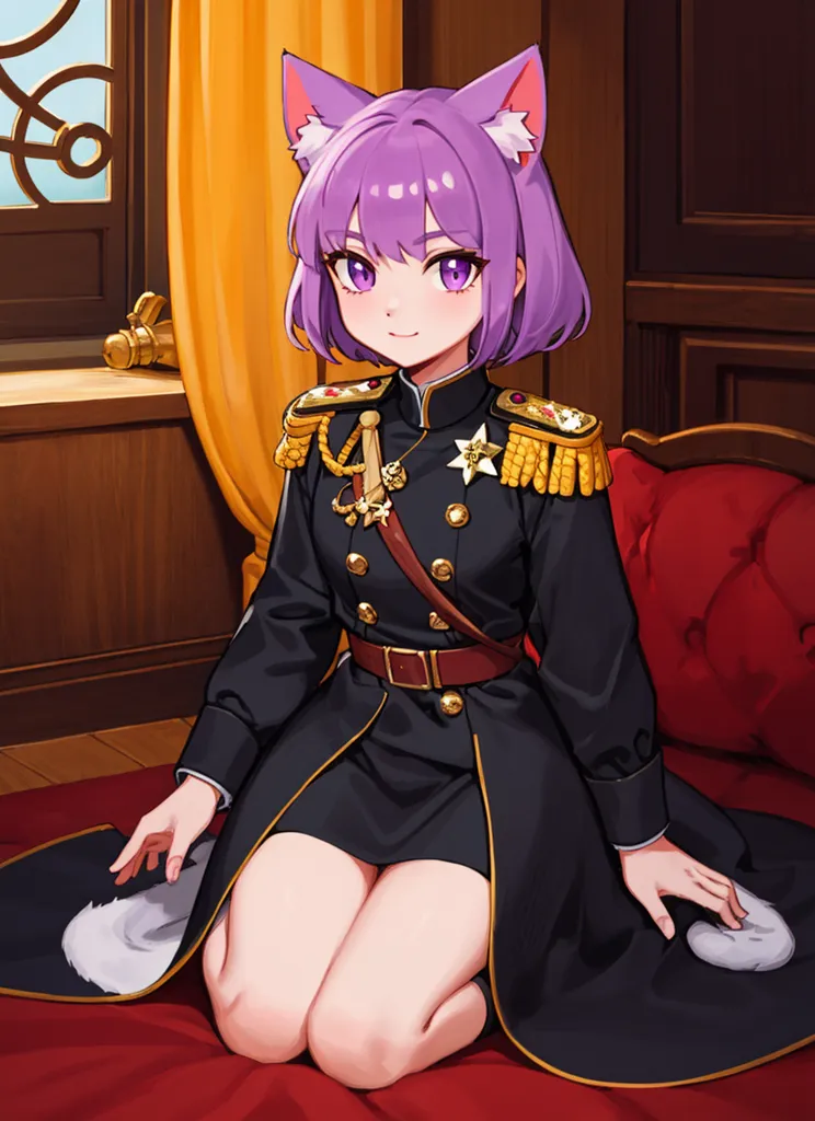 The image depicts an anime catgirl with purple hair and purple eyes. She is wearing a black military uniform with gold epaulettes and a white belt. She is kneeling on a red velvet cushion, with her hands resting on her thighs. She has a shy smile on her face. There is a porthole window to her left and a wooden door behind her.